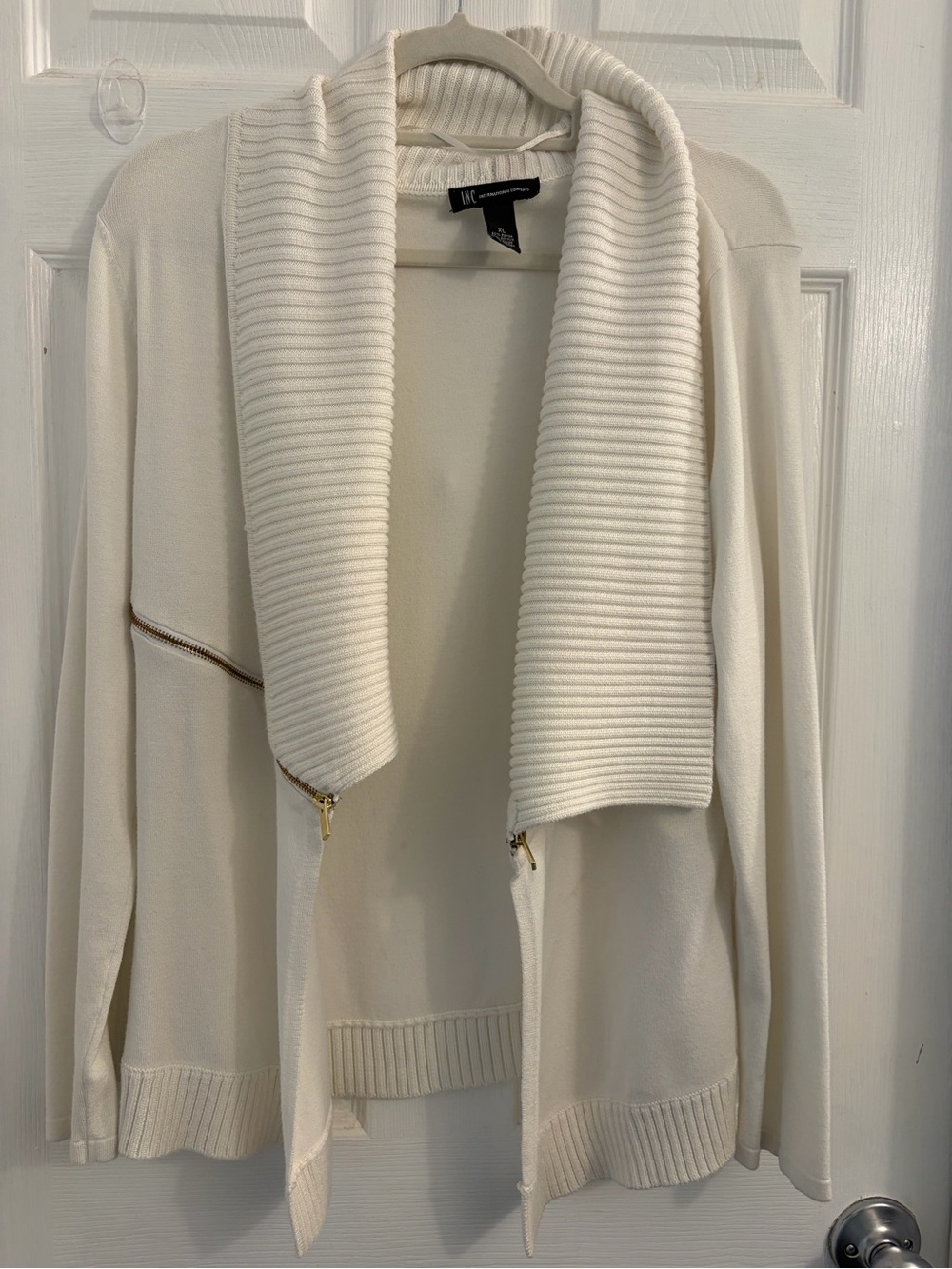 INC International Concepts Cream Ribbed Shawl Collar Zip-Front Sweater. Size XL